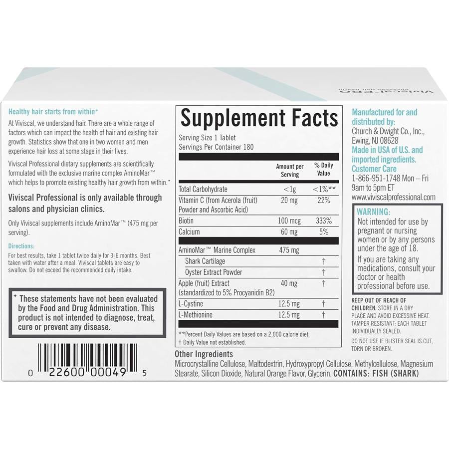 Large capacity Viviscal Hair Growth Program, Professional 180 tablets / Supplement that promotes hair growth and improves hair quality (Professional) (Ships from overseas)