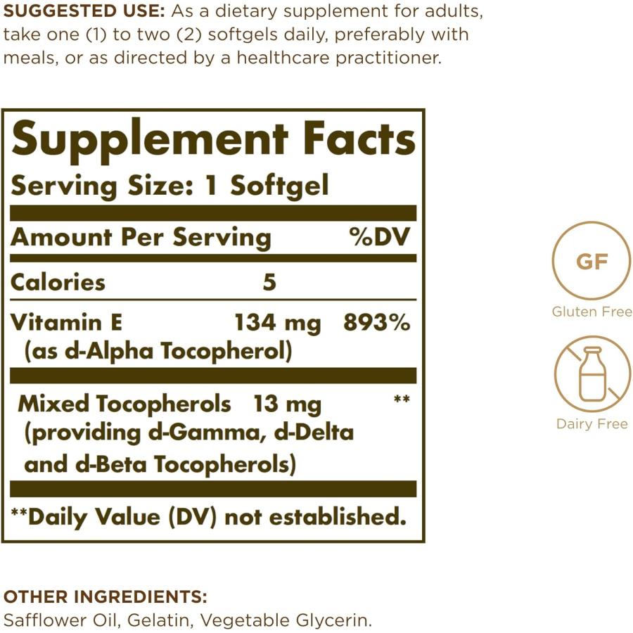 SOLGAR Vitamin E 200 IU - 100 Softgels - Dairy Free - 100 Servings